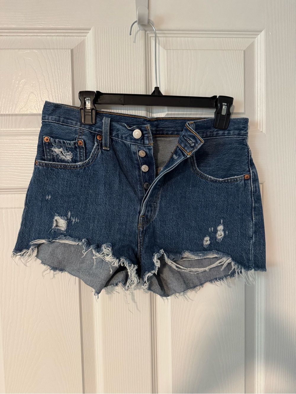 Levi's Dark Blue Distressed Button-Fly Jean Shorts